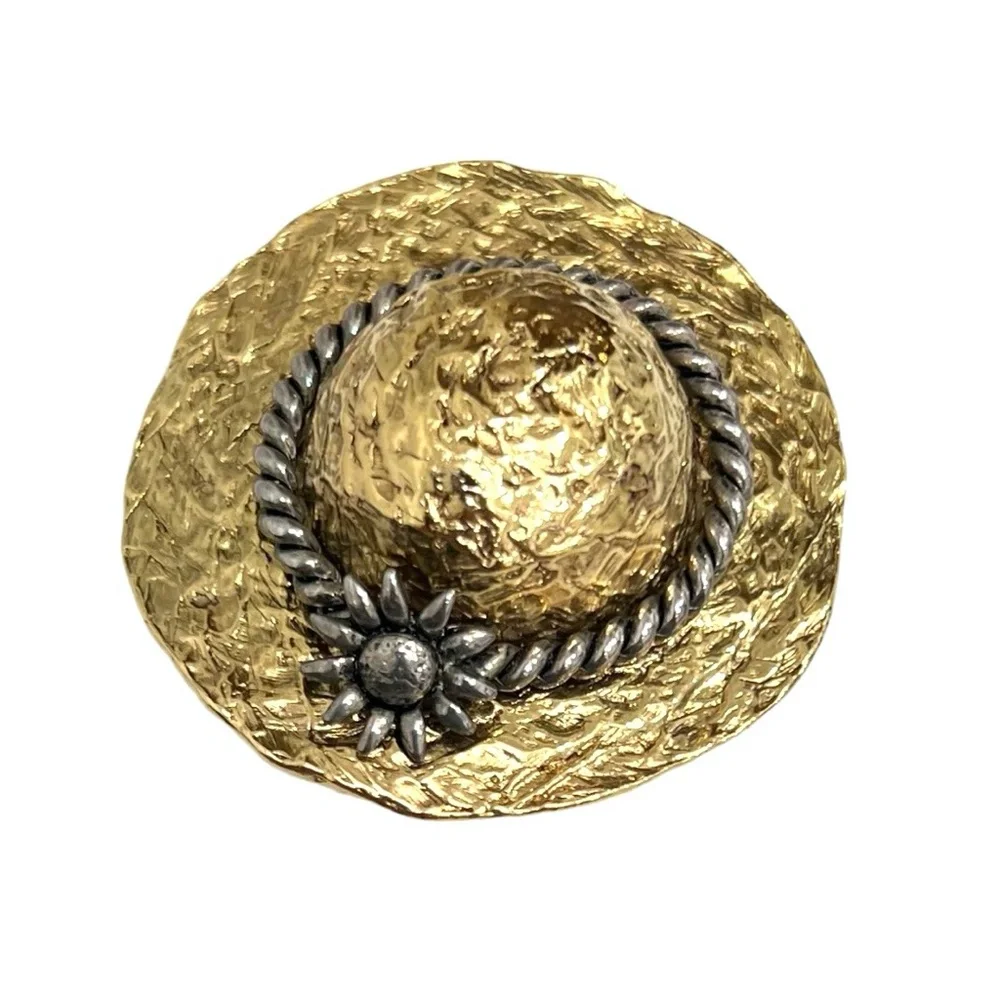 VINTAGE PREMIER DESIGNS CROWN GOLD TONE SUN HAT W FLOWER BROOCH - MISSING PIN